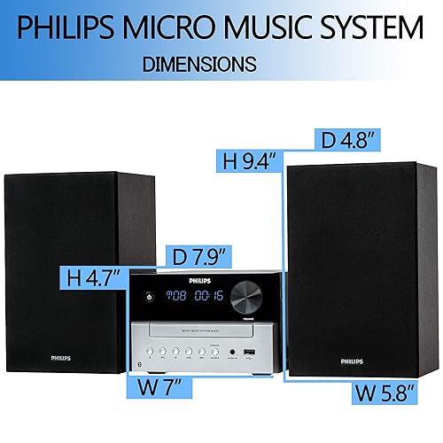 Philips Bluetooth Stereo System for Home with CD Player, MP3, USB, Audio  in, FM Radio, Bass Reflex Speaker, 18
