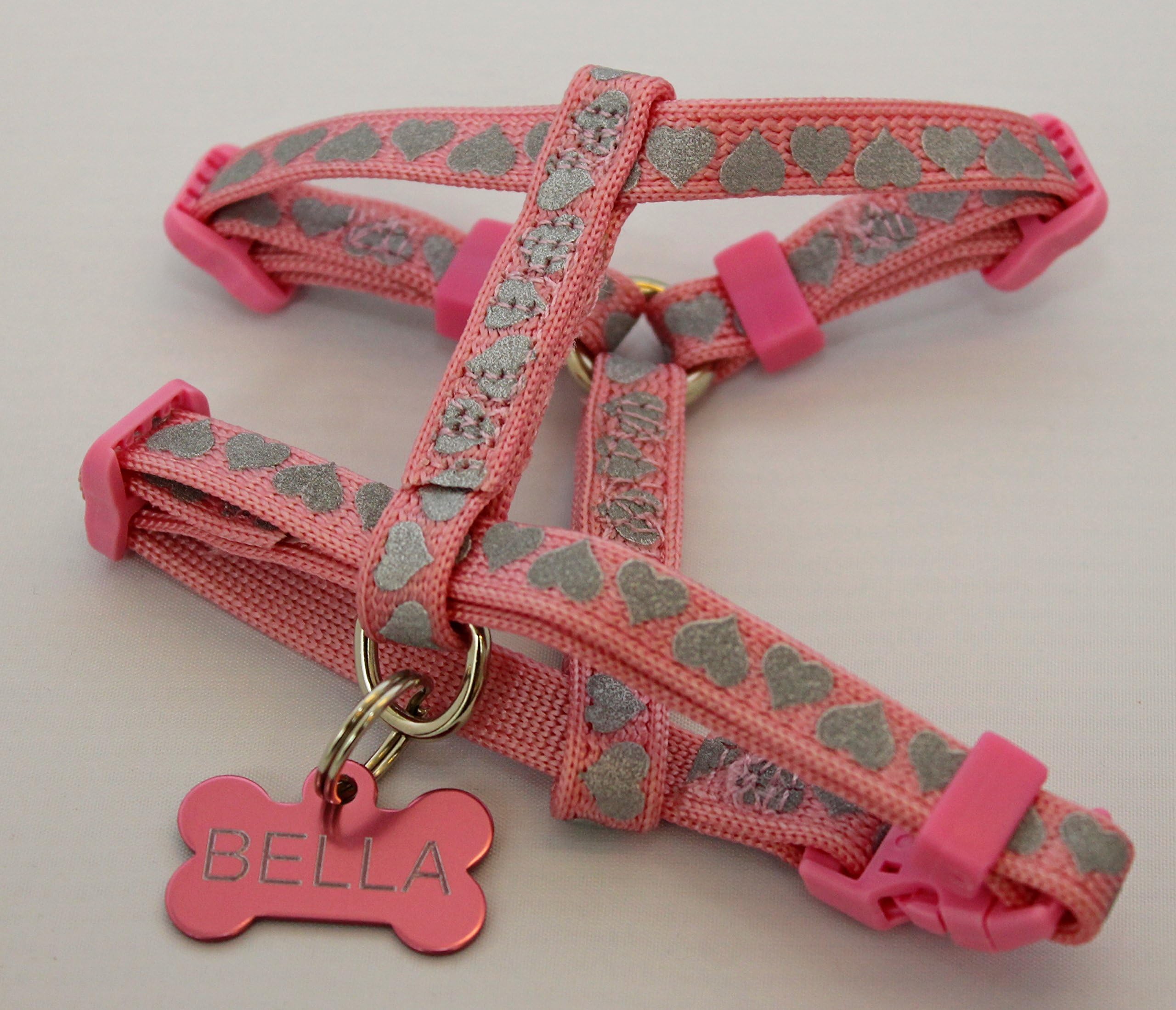 XXS TINY DOG / CAT REFLECTIVE DOG HARNESS, TEA CUP, CHIHUAHUA, BLACK-BLUE & PINK, OPTIONAL ENGRAVED BONE ID TAG (BABY PINK (HEART PATTERN), WITH ENGRAVED BONE ID TAG)