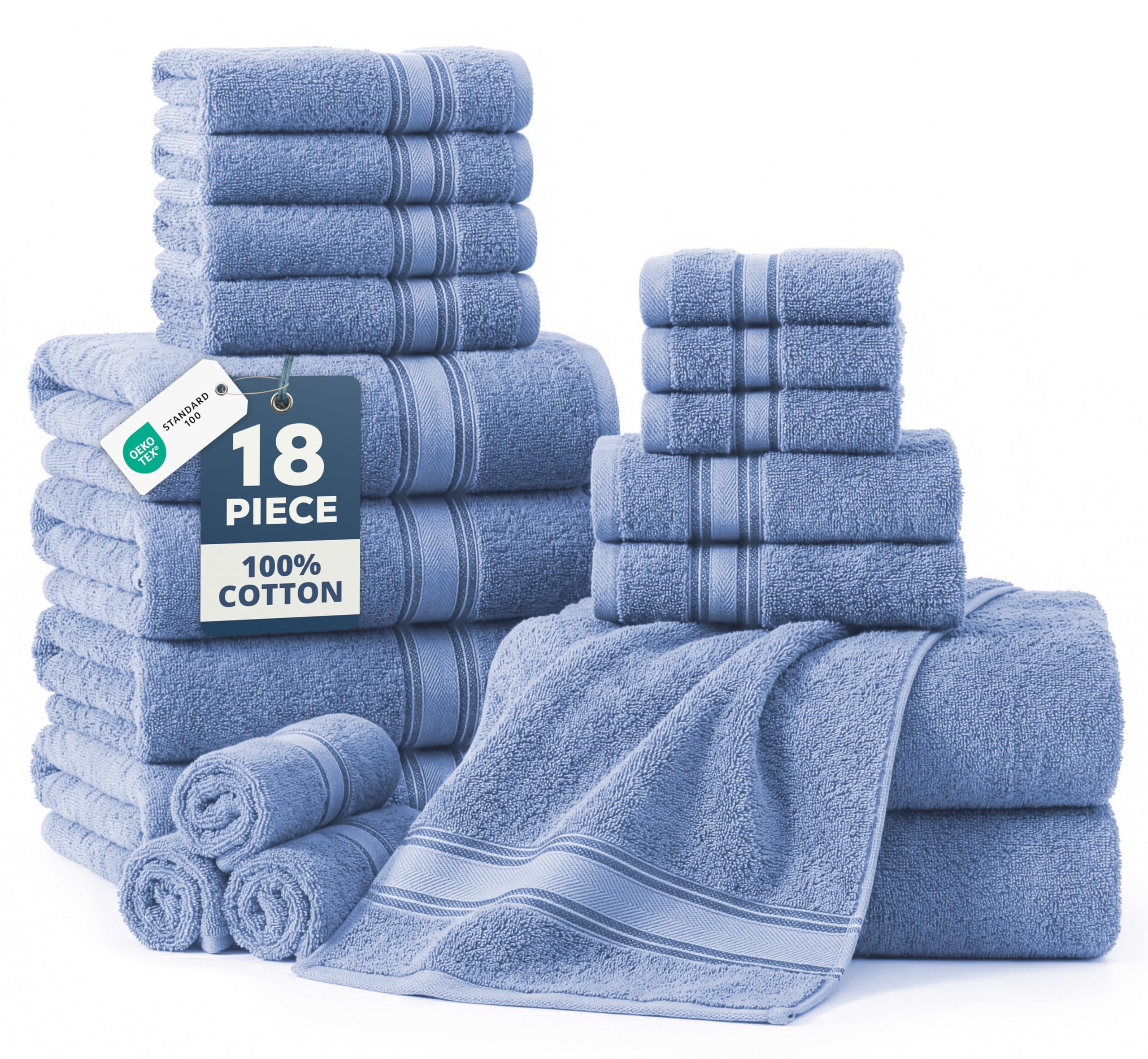 Photo 1 of LANE LINEN Bathroom Towels Set of 18 – Zero Twist, 100% Mercerized Cotton Towel, 6 Bath, 6 Handtowel & 6 Washcloths, Luxury Hotel Design, Perfect for Salon & Guests, Machine Washable – Cerulean Blue