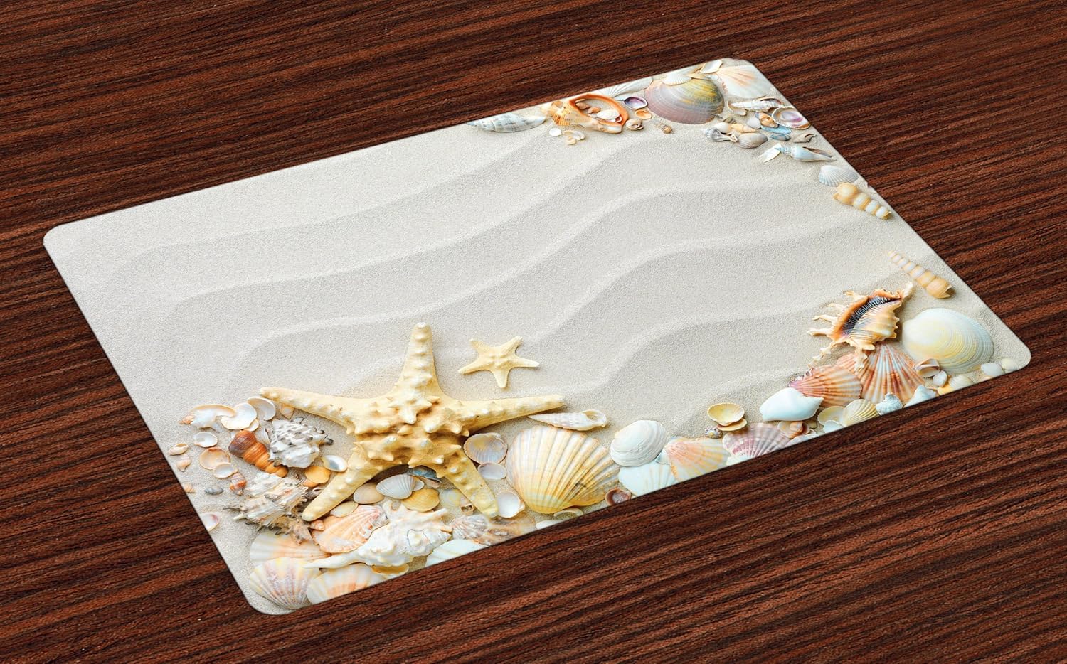 Ambesonne Starfish Place Mats Set of 4, Seacoast with Sand with Colorful Various Seashells Tropics Aquatic Wildlife Theme, Washable Fabric Placemats for Dining Room Kitchen Table Decor, White Coral