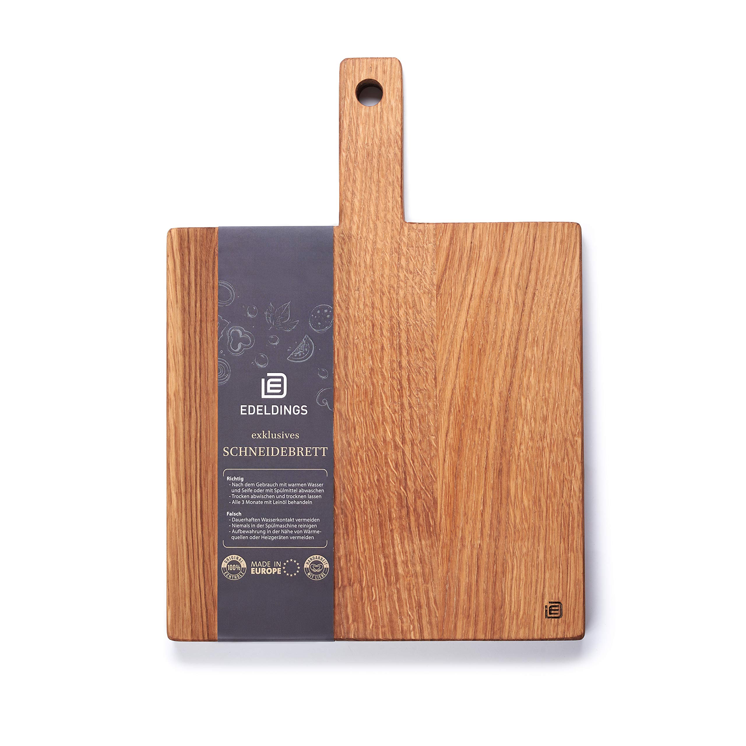 Edeldings Chopping and Serving Board Made of High-Quality Oak 25 х 25 cm Large with 10 cm Practical Handle Antibacterial Kitchen Board Serving Board Breakfast Board Solid Wood Board