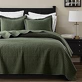 WDCOZY 100% Cotton King Size Quilt Set - Olive Green Box Pick Stitch Soft Lightweight Bedspread, Textured Like Linen, Farmhouse Country Rustic Coverlet, Shabby Chic Gauze Bedding, 3 Pieces