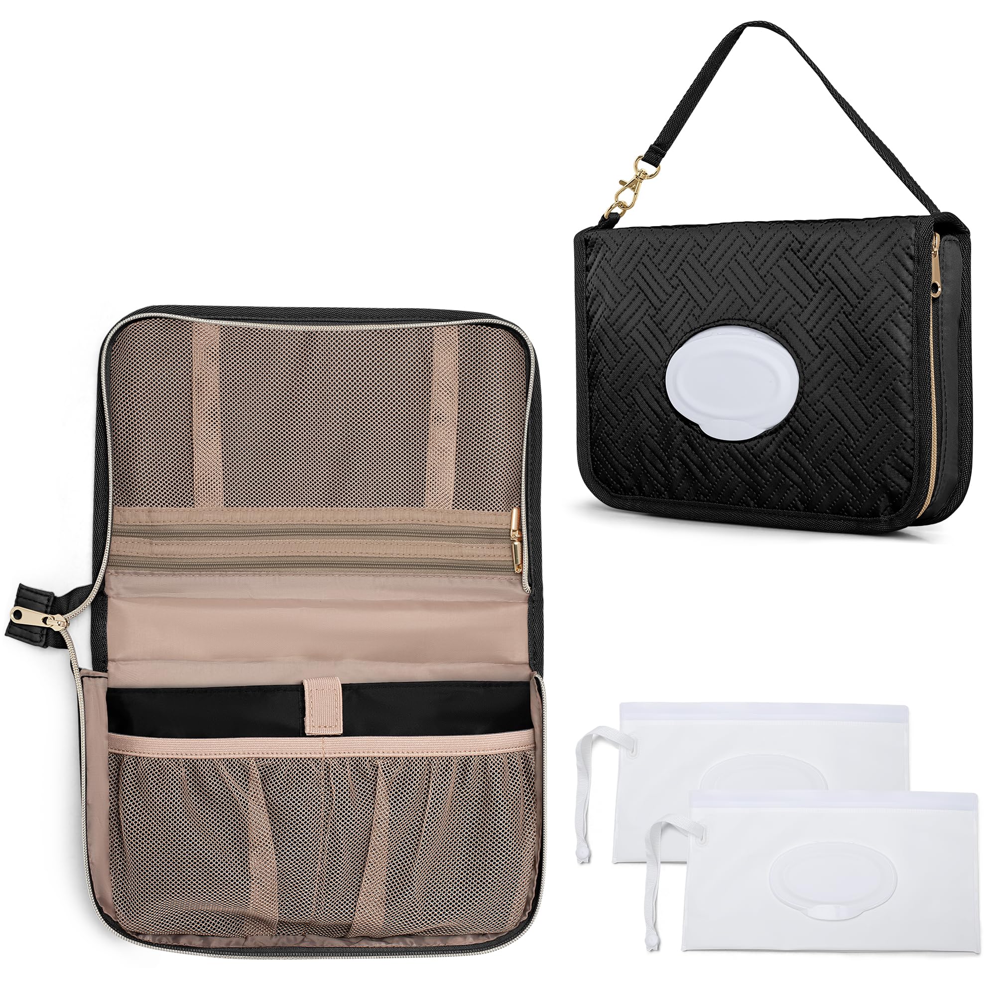 Rexmica Diaper Clutch Bag with 2 Pcs Wet Wipes Dispenser, Small Changing Bag with Multiple Pockets for Mother, Black