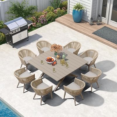 PURPLE LEAF 9 Pieces Outdoor Dining Set with Patio Aluminium Square Dining Table and Wicker Rattan Chairs Modern Furniture Cushions Sets for Backyard Indoor Decor Kitchen Champagne