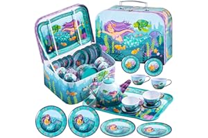 JOYIN Mermaid Tea Party Set for Little Girls, Pretend Tin Teapot Set, Princess Tea Time Play Kitchen Toy with Teapot, Cups, P
