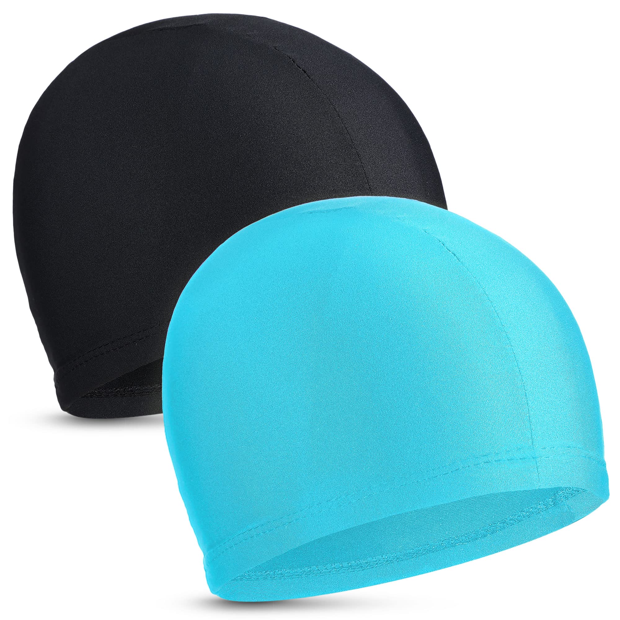 2 Pieces Fabric Swimming Cap Comfortable Elastic Material Swimming Hat Lightweight Bathing Caps for Women Men(Black, Lake Blue)