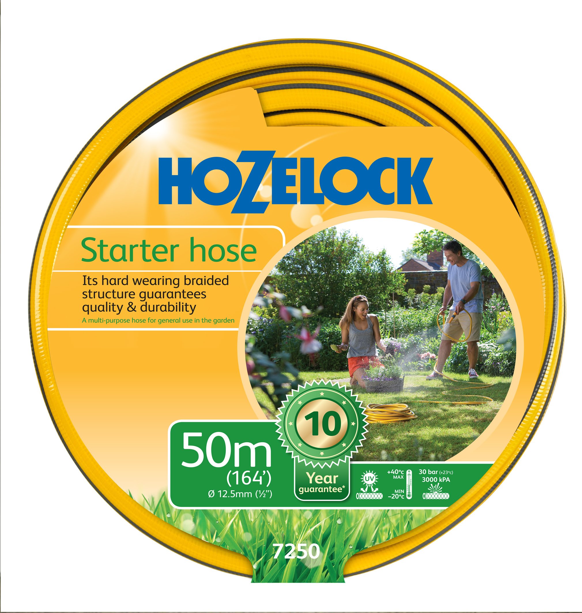 HOZELOCK - Starter Hose ø 12,5mm (1/2") 50m : Versatile, UV-resistant Garden Hose, 4-layer Braided Reinforced Hose, UK-made, General Purpose, Hard Wearing, 10 Year Guarantee* [7250P0000]