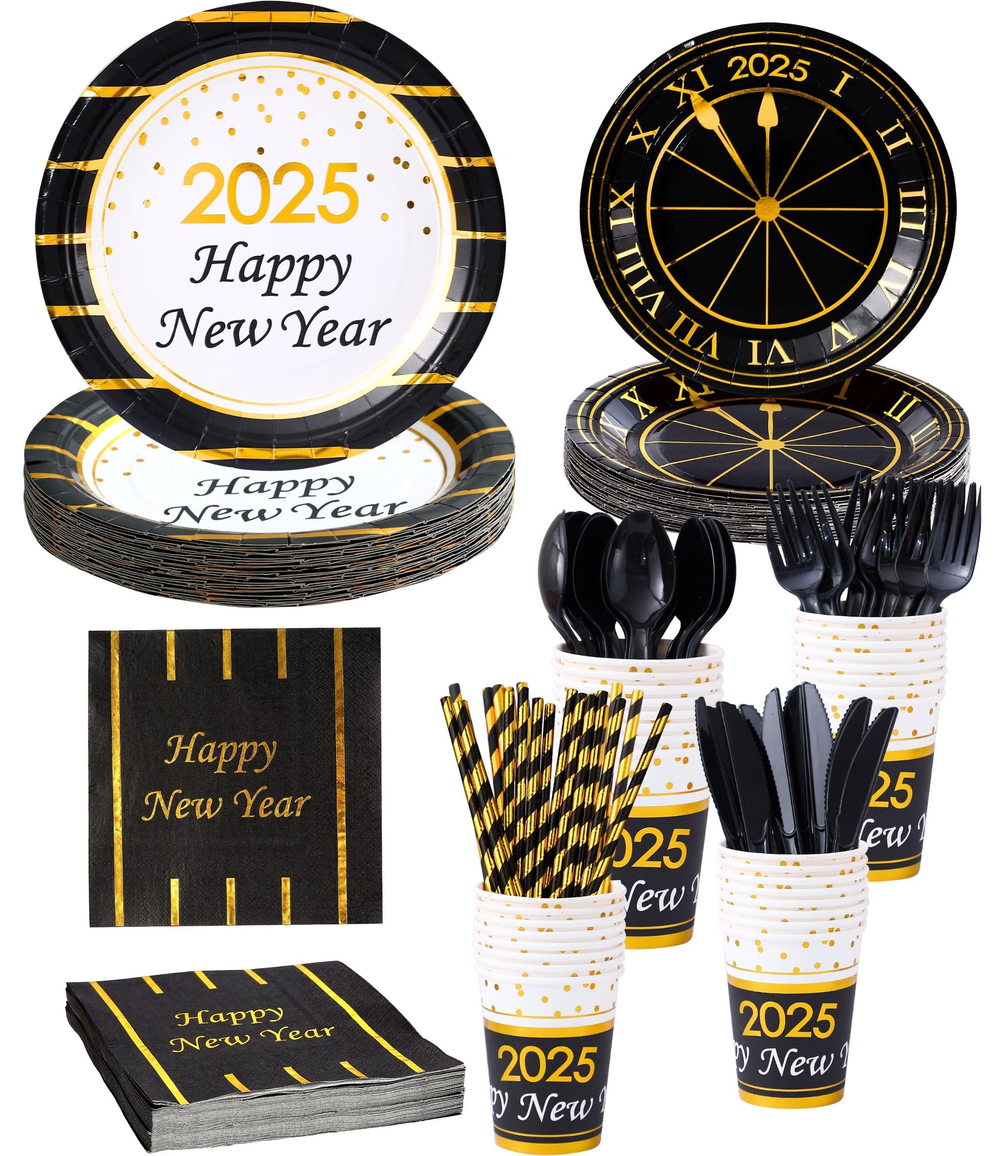 Photo 1 of New Year Plates and Napkins Party Supplies 2025 - Serves 16 - Includes Happy New Year Plates and Napkins Cups Cutlery Straws for New Year Party Decorations Décor New Year Eve Party Favors Party Kit