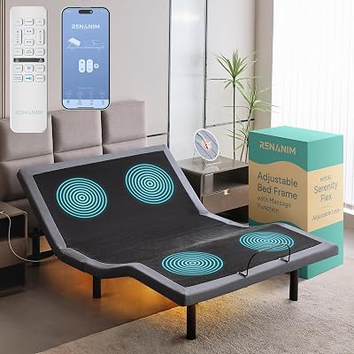 Renanim SF Adjustable Bed Frame with Massage - Queen Adjustable Bed Only, USB Ports, UnderBed Light Zero Gravity Electric Base