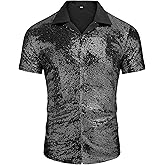 AstoSeu Men's Sequin Dress Shirt 70s Disco Costume Sparkle Party Short Sleeve Button Down Shirts