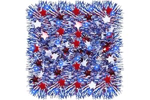 ANVAVO 32.8 Feet 4th of July Patriotic Tinsel Garland with 100 LED String Lights Star Red Blue Metallic Glitter Garland for Independence Day Home Party Hanging Decoration(Red White and Blue)