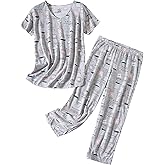 Inadays Womens Cotton Pajama Sets Short Sleeve Top With Capri Pants 2 piece sets for Women Summer Pajamas Lounge Set