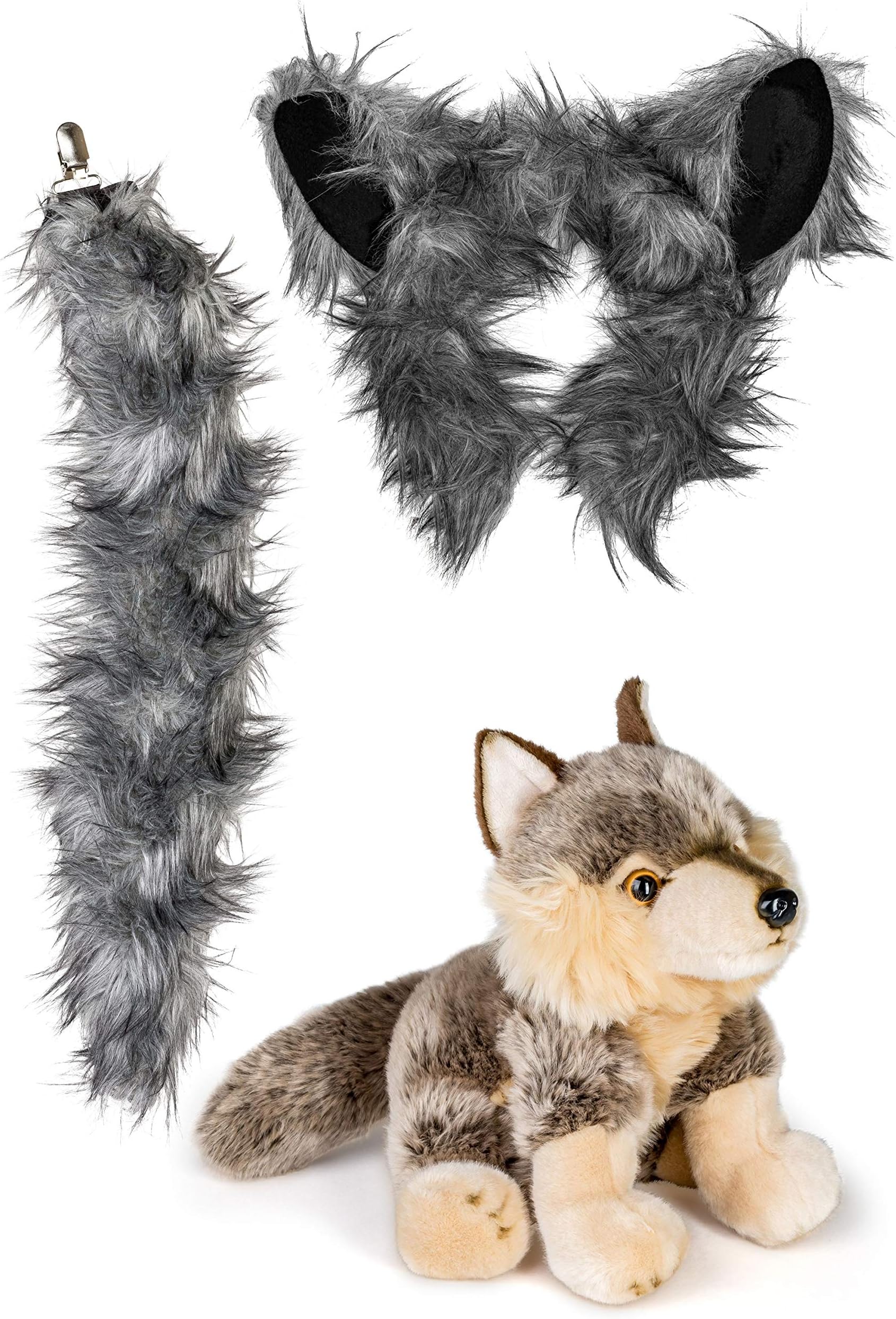 Stuffed Plush Zoo Animal Ears Headband and Tail Set with Plush Toy Animal Bundle