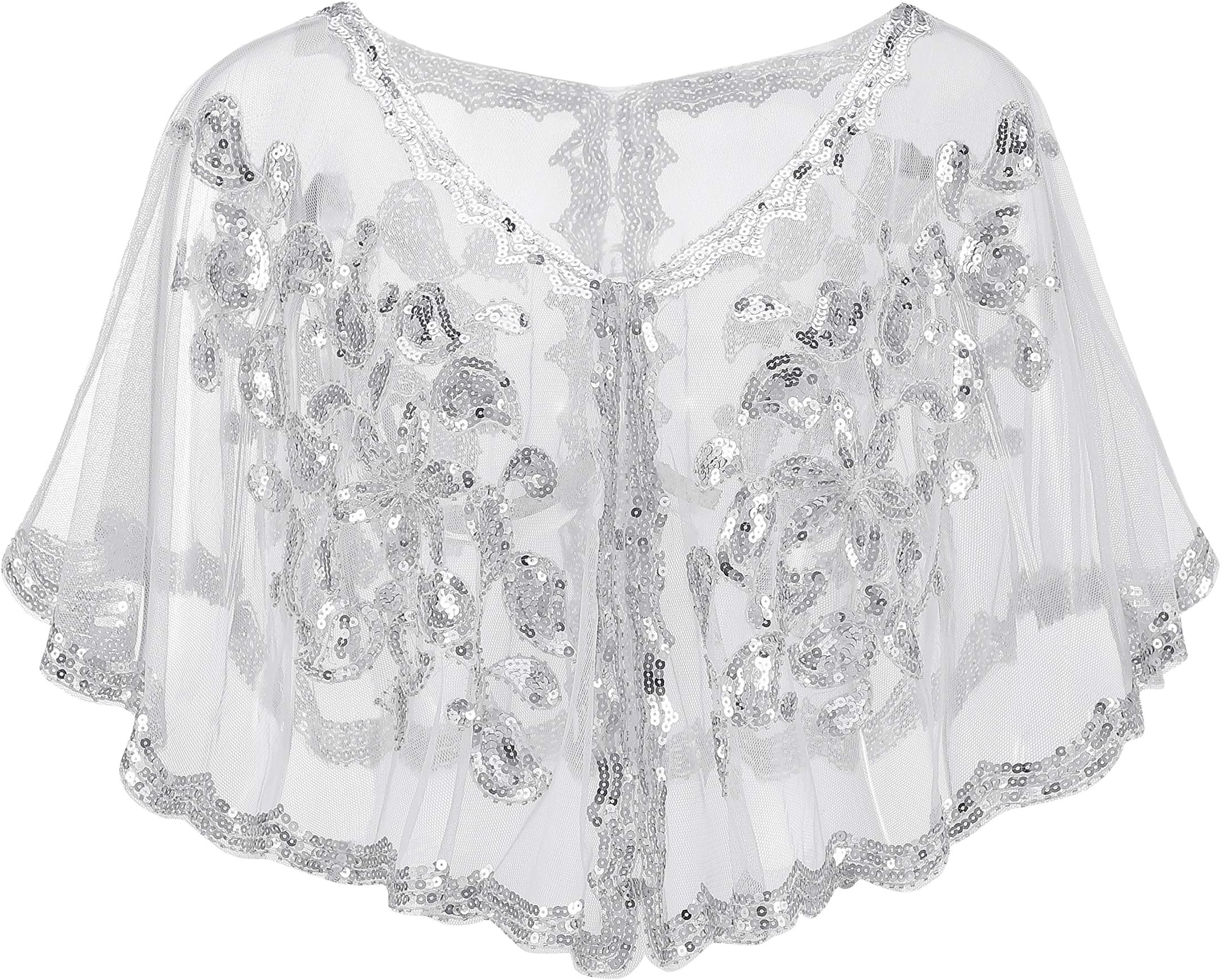 Metme Vintage Women Shawl 1920s Flapper Cover Ups Sequin Cape Evening Wrap