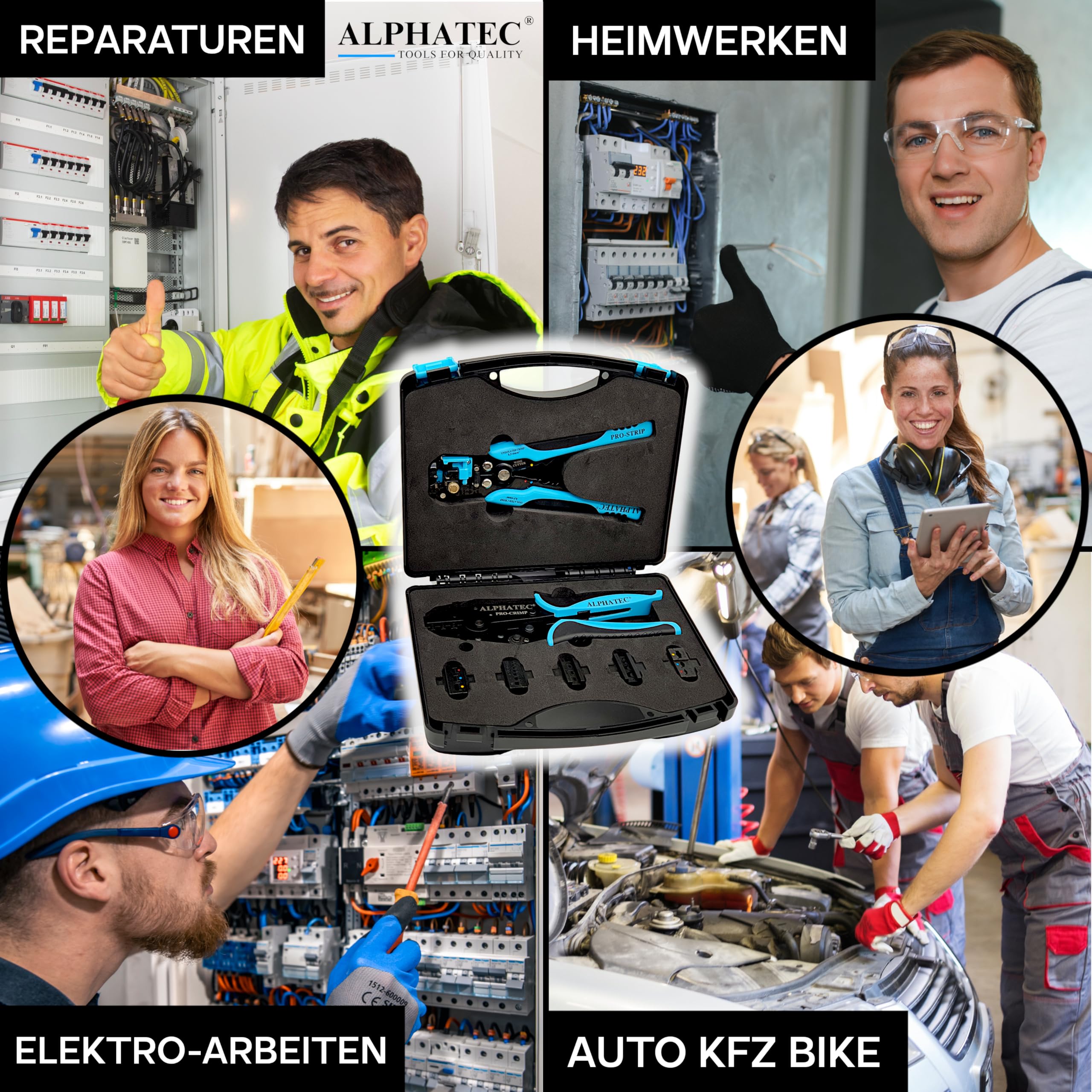 ALPHATEC® Crimpzange Set mit Wechselbacken inkl. automatische Abisolierzange - [0,25-10mm²] - Crimpzange Kabelschuhe, Aderendhülsenzange, Flachstecker, MC4 Zange PV Solar - Krimpzangenset 8-teilig 9