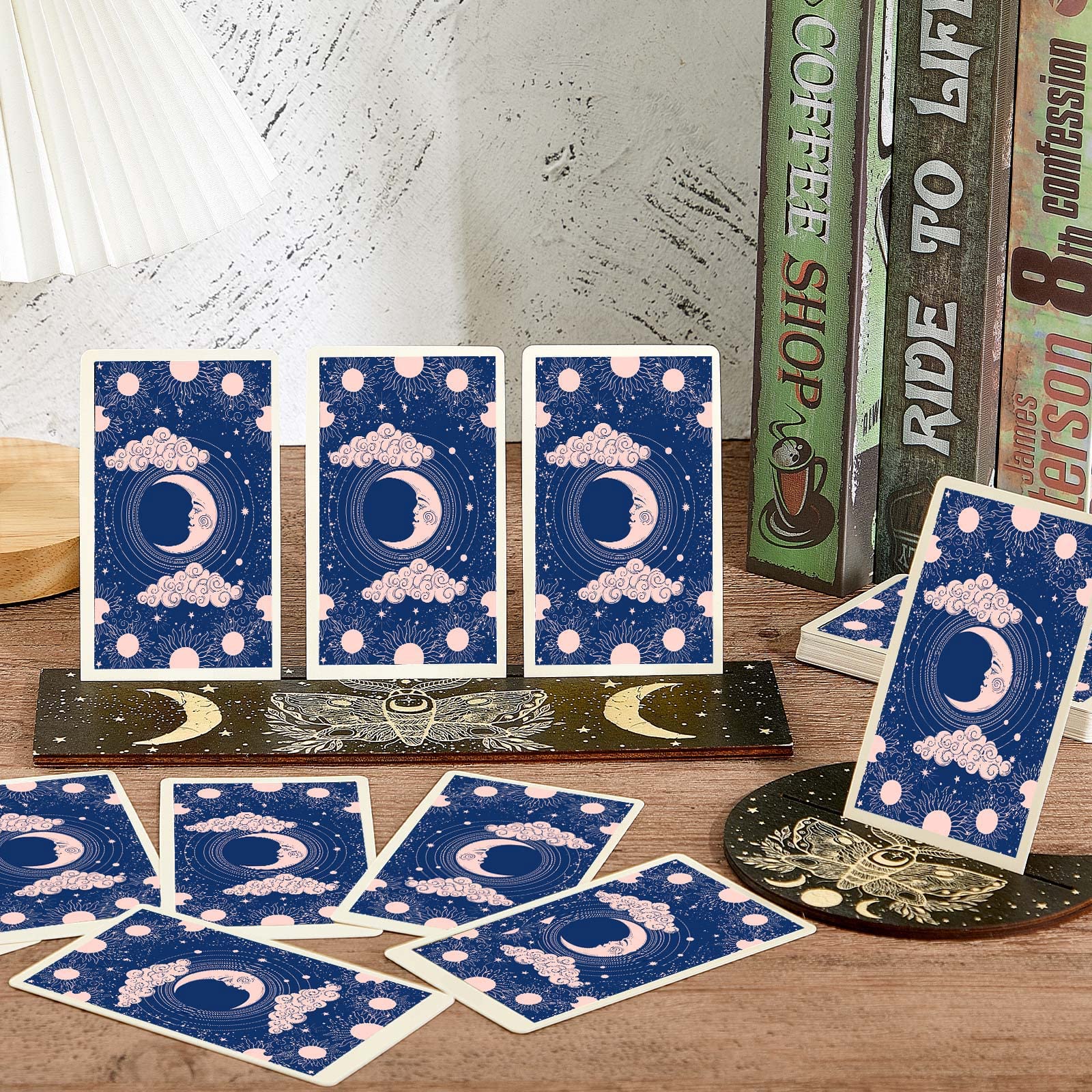 Queekay 4 Pieces Wooden Tarot Card Stand Holder Moon Phase Tarot Card Altar Stand Sun Moth Pattern Rectangle Moon Shape Wooden Display Holder Oracle Witch Divination Tools