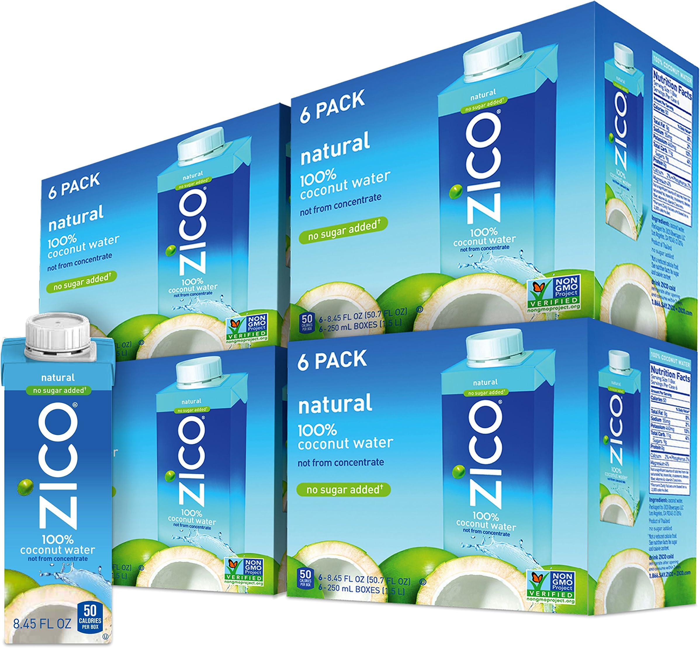 Zico Beverages Natural Coconut Water Drinks, No Sugar Added Gluten Free, 8.45 Fluid Ounce (Pack of 24)