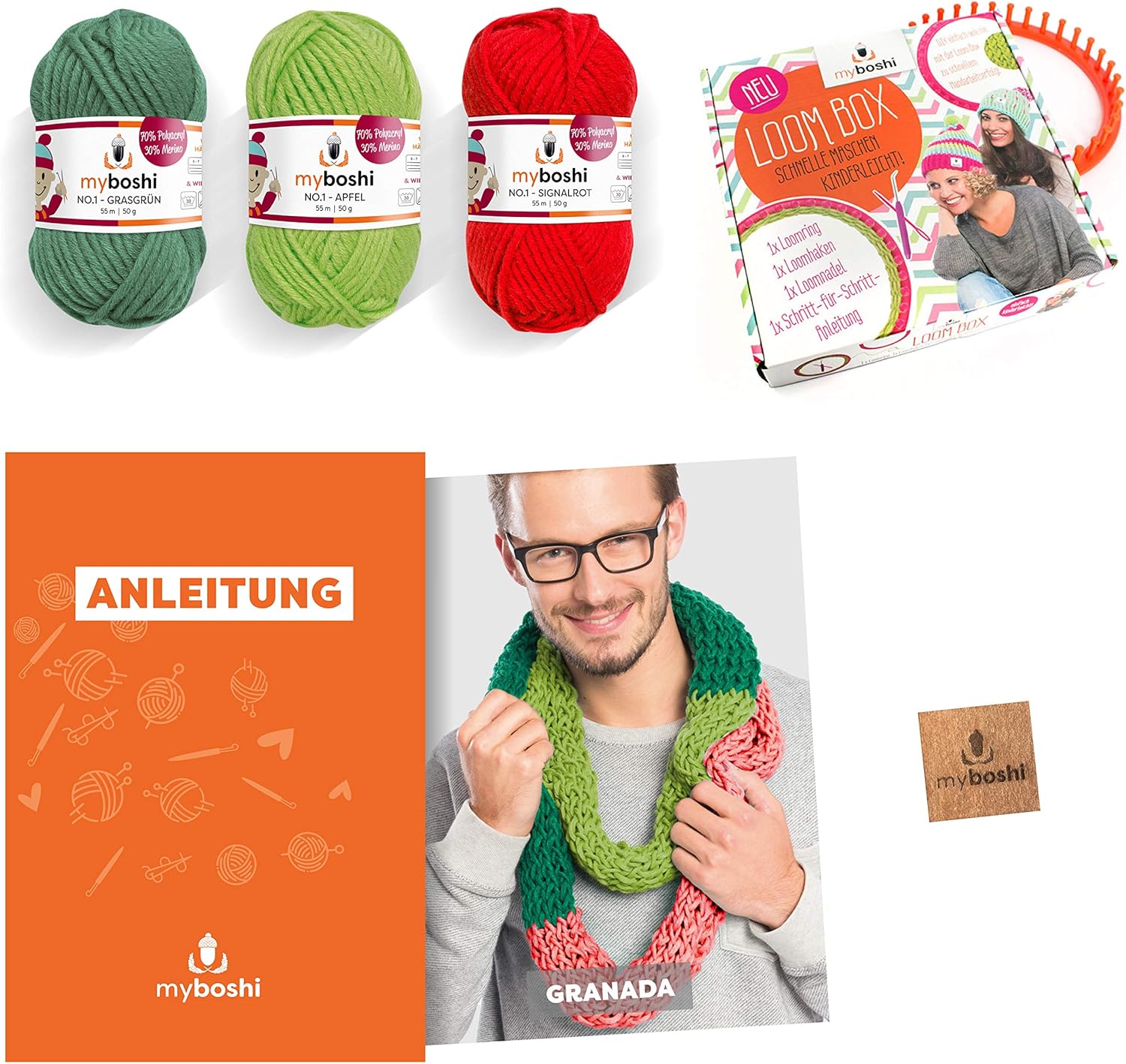 Myboshi Loomring Set Unisex Schal Granada Inkl No 1 Wolle Strick Ring Und Haken Fur Mutzen Und Schals Diy Loom Paket 30 Merinowolle Farben Grasgrun Signalrot Apfel Amazon De Kuche Haushalt