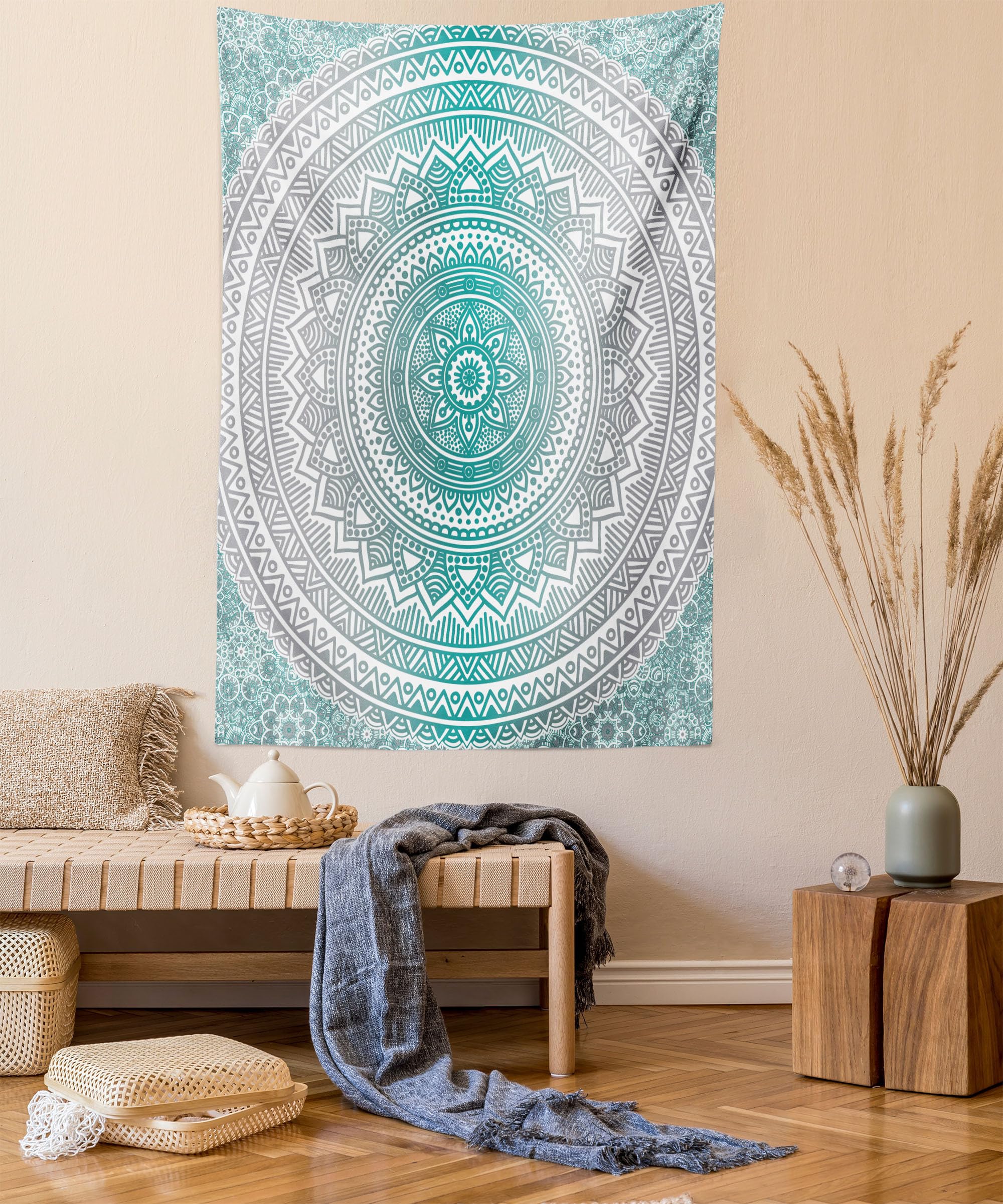 ABAKUHAUS Grey and Teal Tapestry, Mandala Ombre Design Space Geometric Center Point Boho Meditation Art, Fabric Wall Hanging Decor for Bedroom Living Room Dorm, 54 W X 90 L, Grey Teal