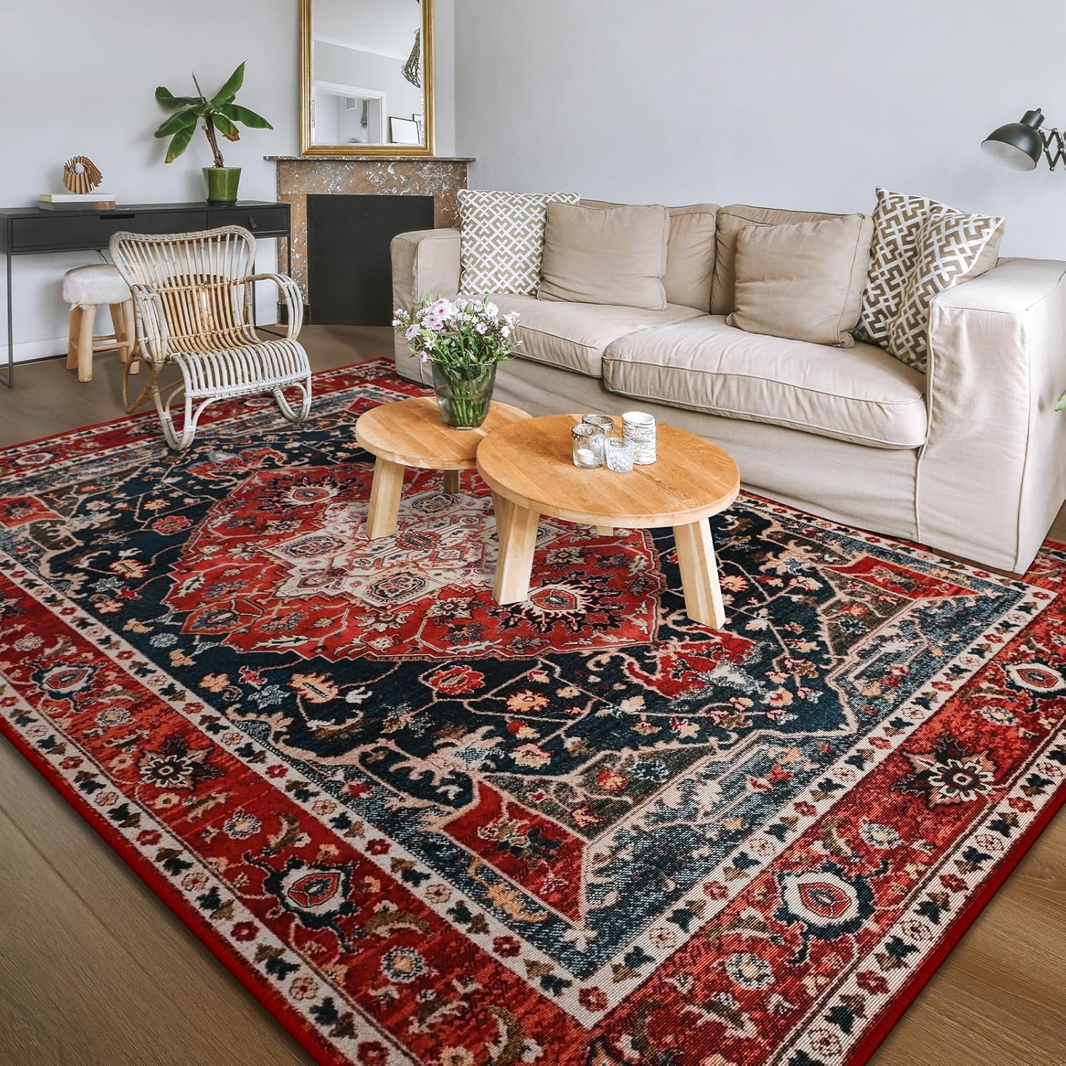 Rugs, Pads & Protectors - YJ.GWL Soft Large Area Rug 5x7 Washable Living Room Bedroom Rug, Non-Slip Vintage Accent Rugs for Dining Room Office Indoor Home Decor, Low-Pile Colorful Print Rug Floor Carpet, Red/Blue