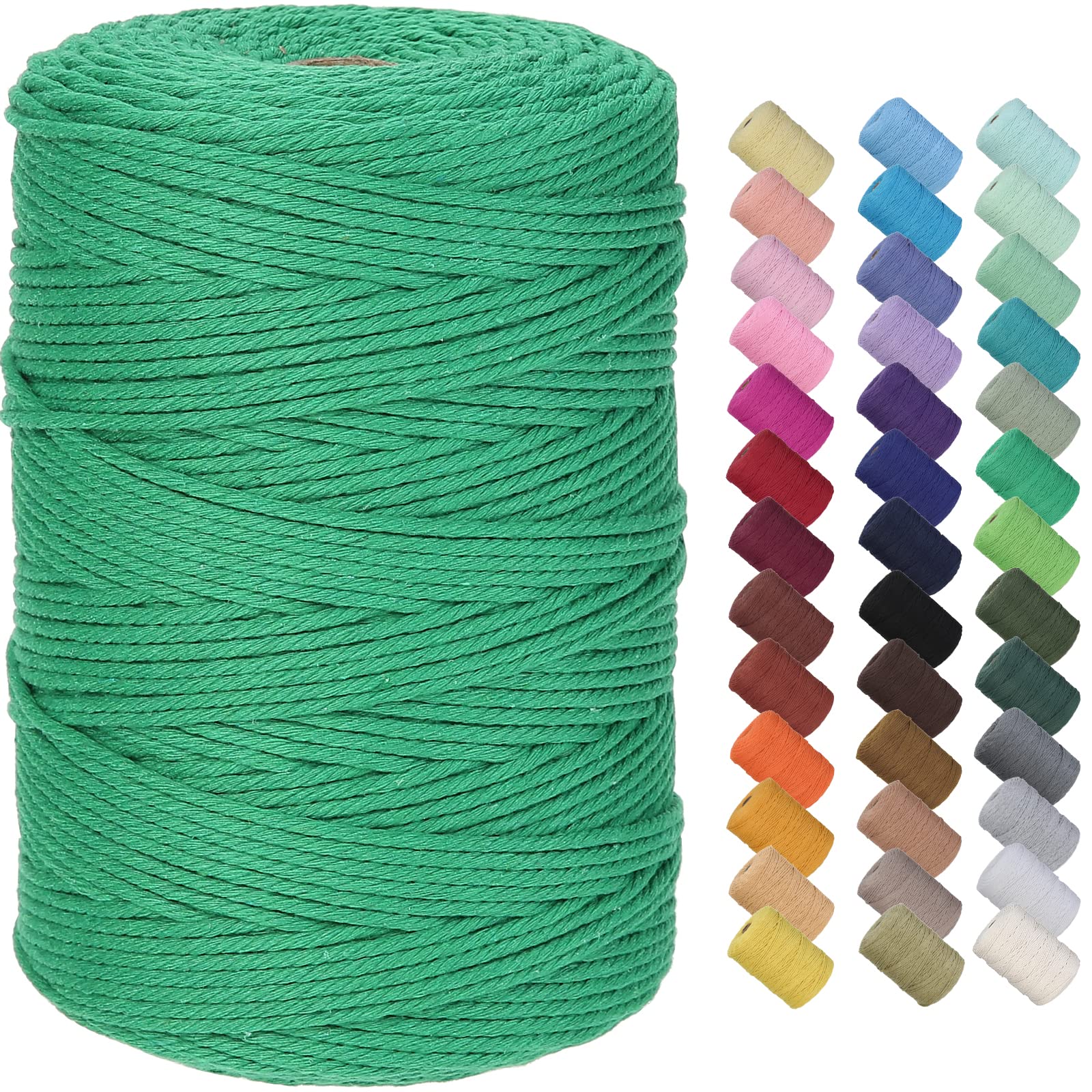 GOHOF Macrame Cord 3mm x 300m Premium Cotton Macrame Rope, 4 Strand Twisted Soft Cotton Cord, One of The Most Perfect Materials for Macrame Art, Cotton String Without Chemicals(Dark Green)
