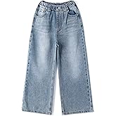 KIDSCOOL SPACE Girls Wide Leg Jeans, Elastic Pull on One Button Front Baggy Denim Pants