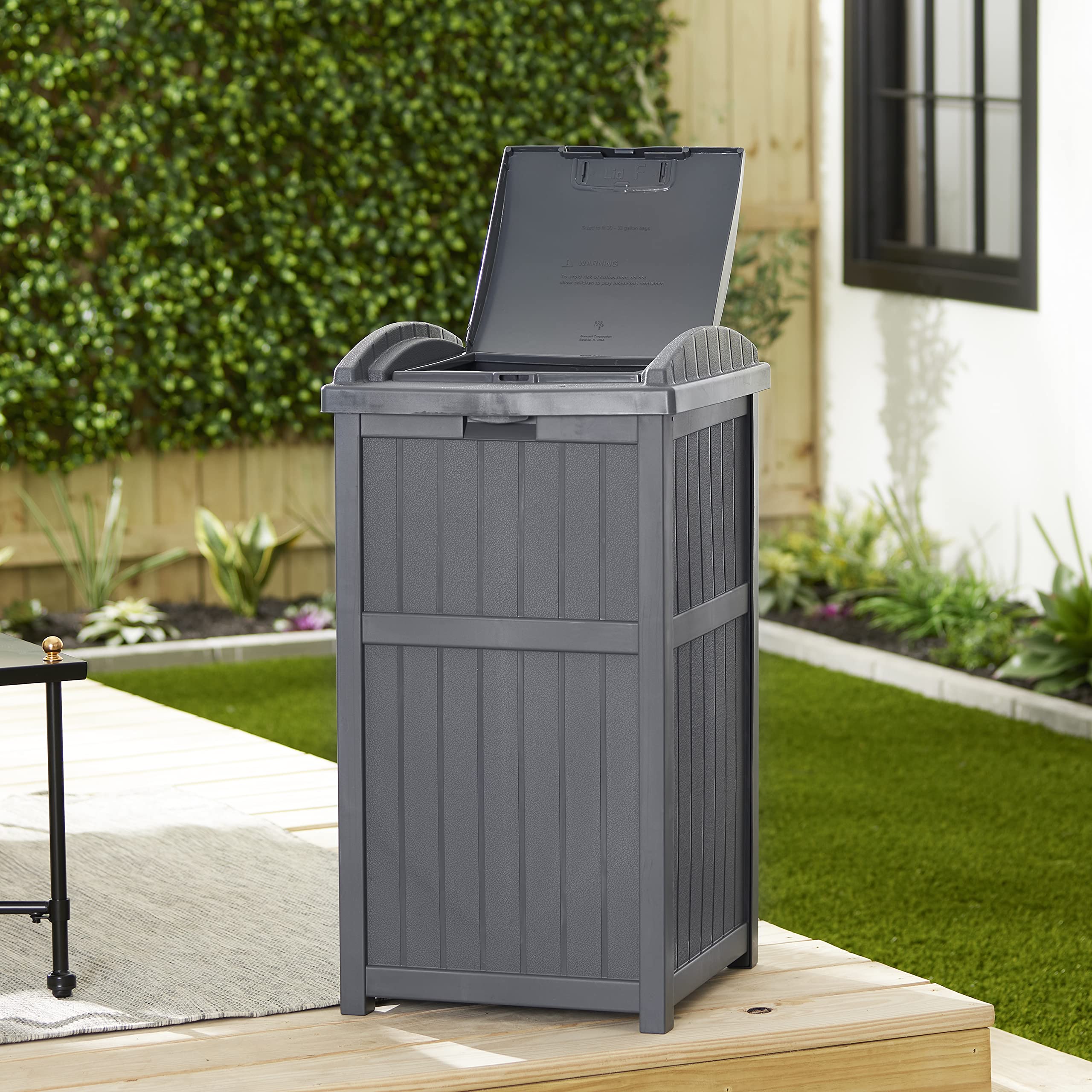 Suncast Trash Hideaway 33 Gallon Rectangular Garbage Trash Can Bin with