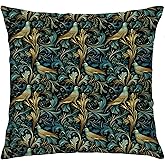 BUJSP Dark Green William Morris Inspired Birds Botanical Decor Pillow Covers 18x18, Minimalist Rustic Christmas Birds Animal Decorative Throw Pillow Covers for Home Bedroom Living Room