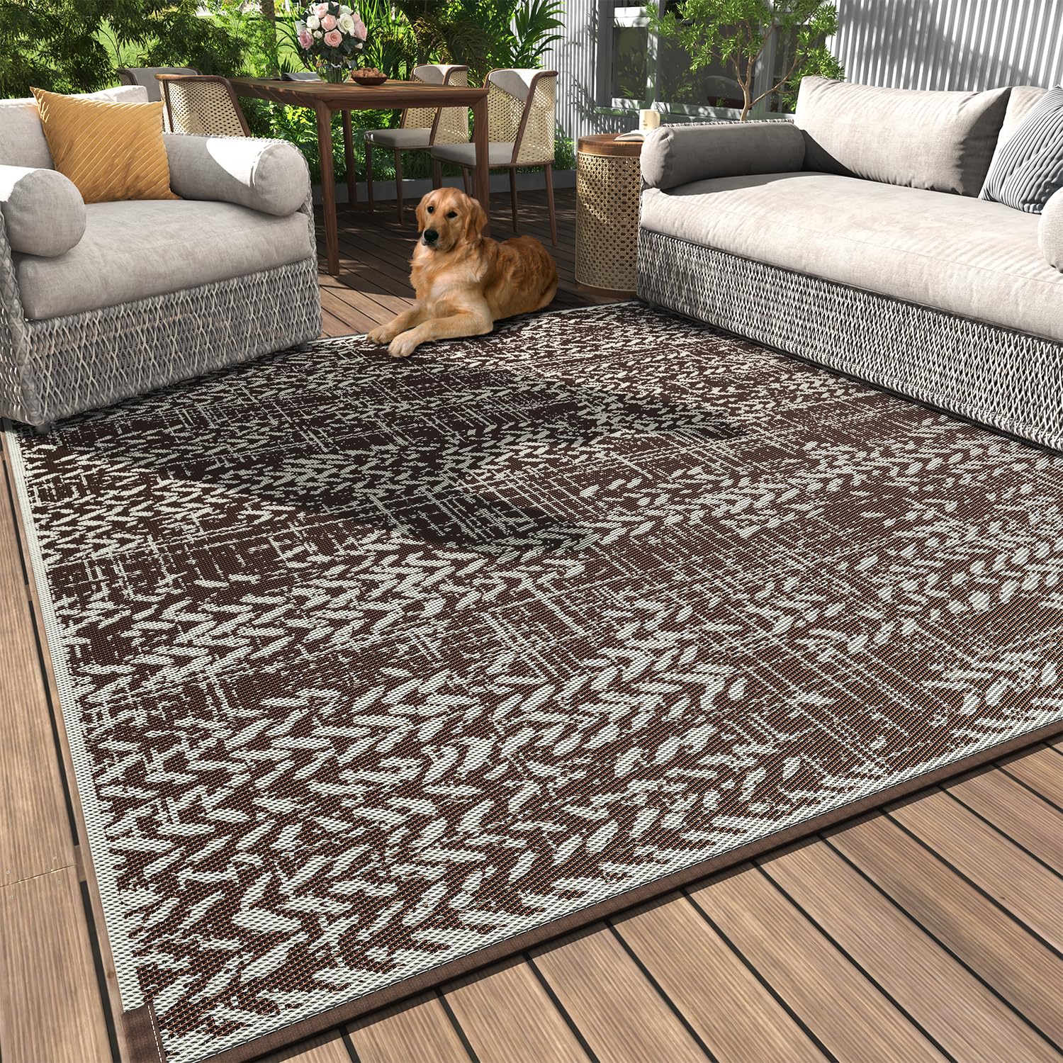 Photo 1 of MontVoo Outdoor Rug Waterproof-Patio Rug Mat 5x8 Outdoor Carpet Reversible RV Camping Picnic Plastic Straw Rug Outside Outdoor Area Rug for Balcony Deck Backyard Patio Decor Boho Modern-Brown