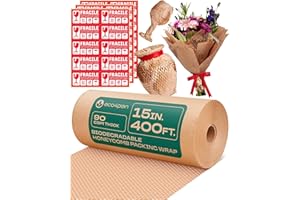 eco4plan Honeycomb Packing Paper | Extra Thick 90 GSM Packing Wrap | Biodegradable Packing Materials: 15” x 400’ Moving Paper + 30 Fragile Stickers | Paper Bubble Wrap/Packing Bubbles Substitute