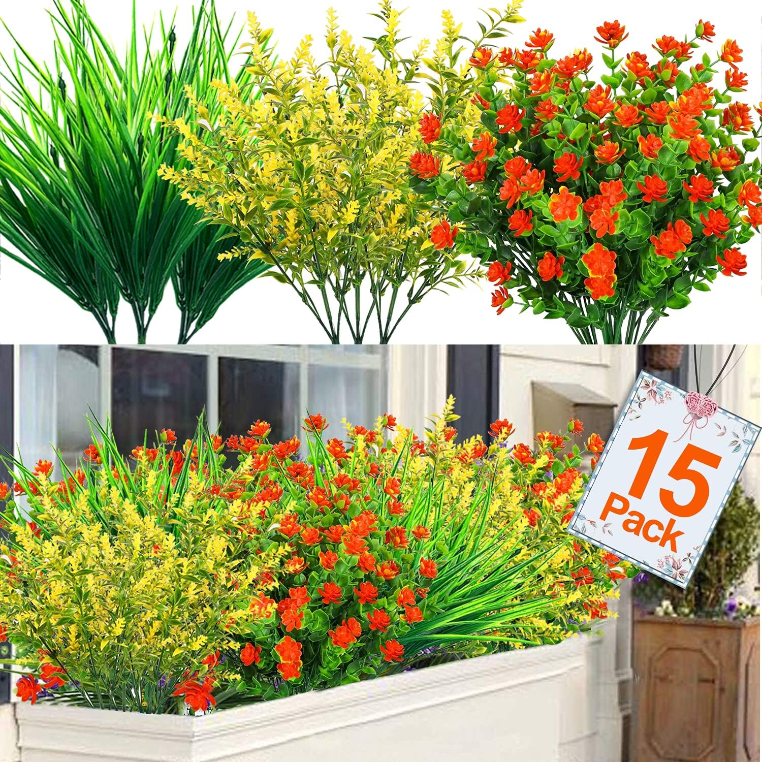 TURNMEON 15 Pcs Artificial Flowers Outdoor UV Resistant Fake Plants, Faux Plastic Corn-Flower Greenery Shrubs Indoor Outdoor Hanging Planter Home Wedding Porch Window Garden Decor(Yellow, Red, Green)