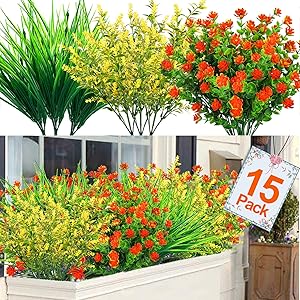 TURNMEON 15 Pcs Artificial Flowers Outdoor UV Resistant Fake Plants, Faux Plastic Corn-Flower Greenery Shrubs Indoor Outdoor Hanging Planter Home Wedding Porch Window Garden Decor(Yellow, Red, Green)