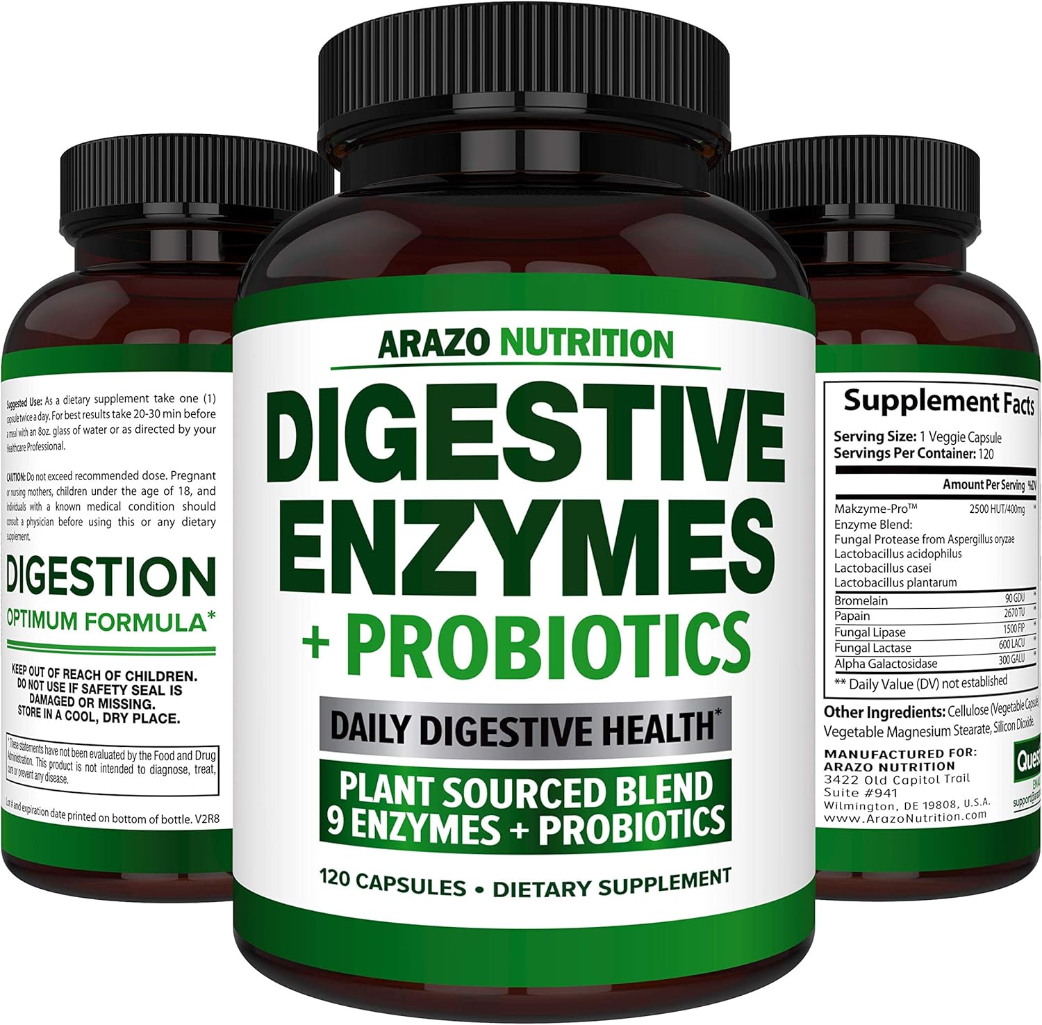 Digestive Enzymes with Probiotics - Multi Enzyme Nutritional Supplement - Acidophilus Bromelain Papaya Papain Lipase & Lactase - Improve Digestion - 120 Pills - Arazo Nutrition: Health & Personal Care