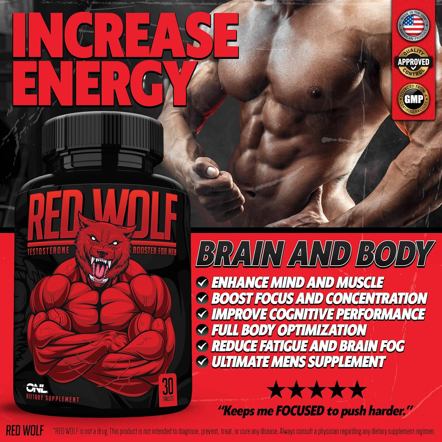 Red Wolf Testosterone Booster for Men - Enlargement Supplement - Ultimate Mens High Potency Endurance, Drive, and Strength Booster - Osyris Nutrition Lab - 1 Month Supply - Made in USA: Health & Personal Care
