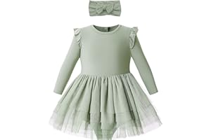 O2 BABY Organic Cotton Baby Girls Tutu Dress Baby's Tulle Dresses Ruffle Romper Jumpsuit with Headband Outfit Set 0-24Months