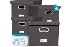 Internet's Best Collapsible File Storage Organizer with Lid - Decorative Linen Filing & Storage Office Box – Hanging Letter/Legal Folder – Home Office Bins Cabinet – Charcoal Container - 4 Pack