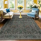 Dark Green Floral Living Room Rug 5x7 Area Rug - Vintage Forest Washable Mat for Dining Room, Bedroom, Low Pile Non Slip Stain Resistance Distressed Retro Indoor Boho Carpet (5x7 Dark Green)
