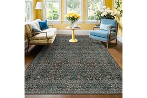 HAZO HAUS Dark Green Floral Living Room Rug 5x7 Area Rug - Vintage Forest Washable Mat for Dining Room, Bedroom, Low Pile Non Slip Stain Resistance Distressed Retro Indoor Boho Carpet (5x7 Dark Green)