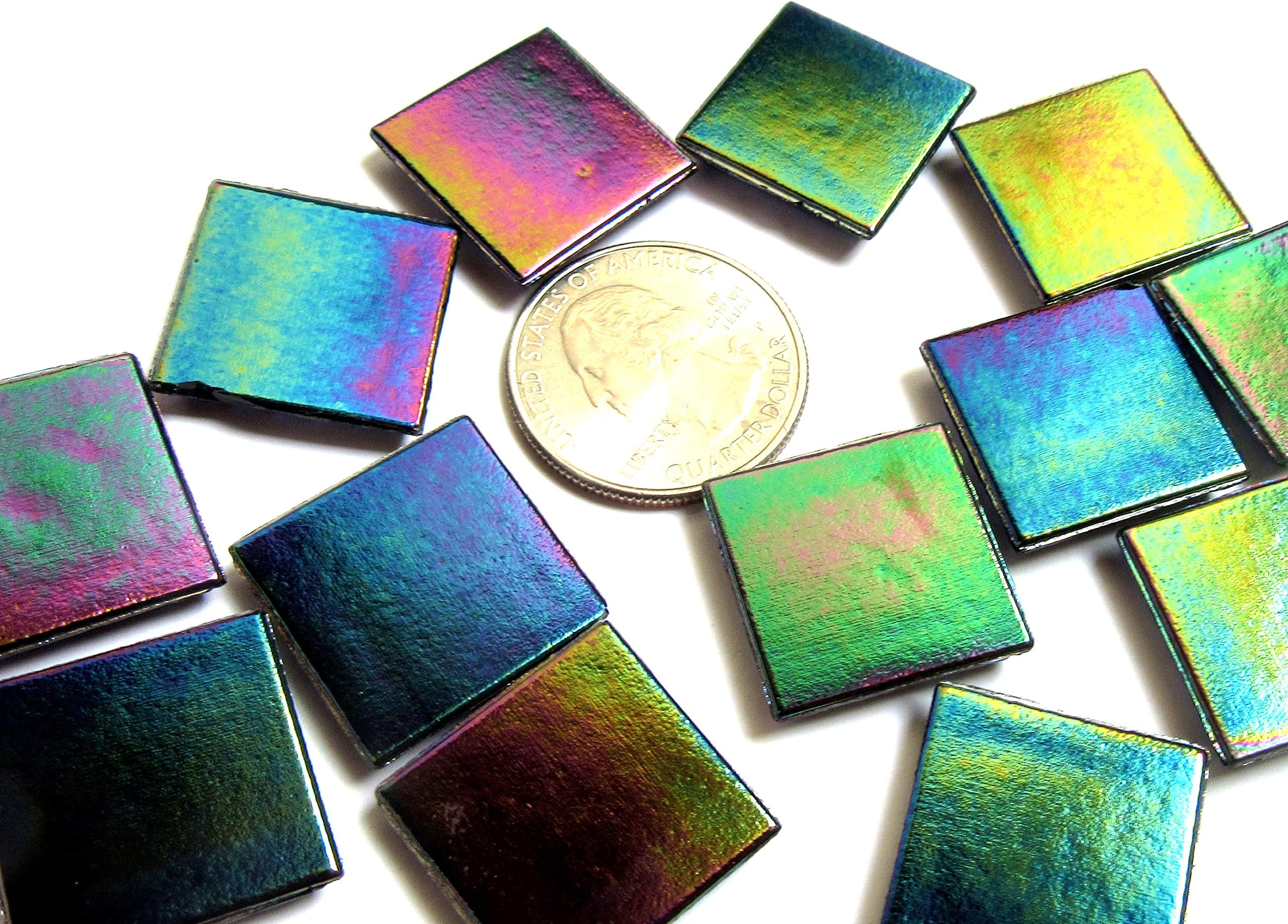 50 Square Rainbow Metallic Glass Mosaic Tiles, Iridescent Glass Pieces,Craft Supply for Tile Mosaic Art