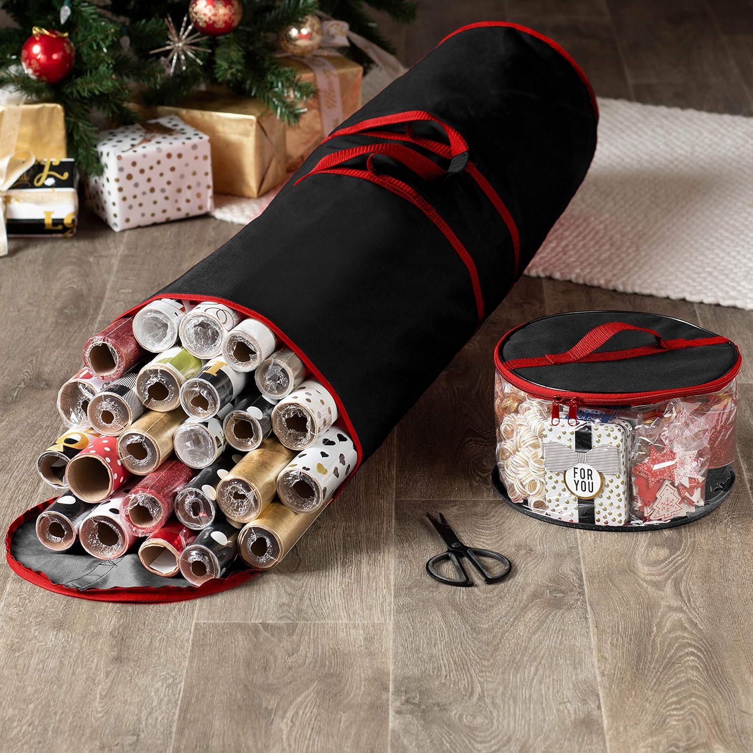 Premium Christmas Wrapping Paper Storage Bag - Fits 20 Rolls & Ribbon Holder, 46-Inch- Underbed Xmas Organizer With Gift Wrap Accessory Box, Dual Zips & Carry Handles, Tear Proof 600D- 5 Year Warranty: Home & Kitchen