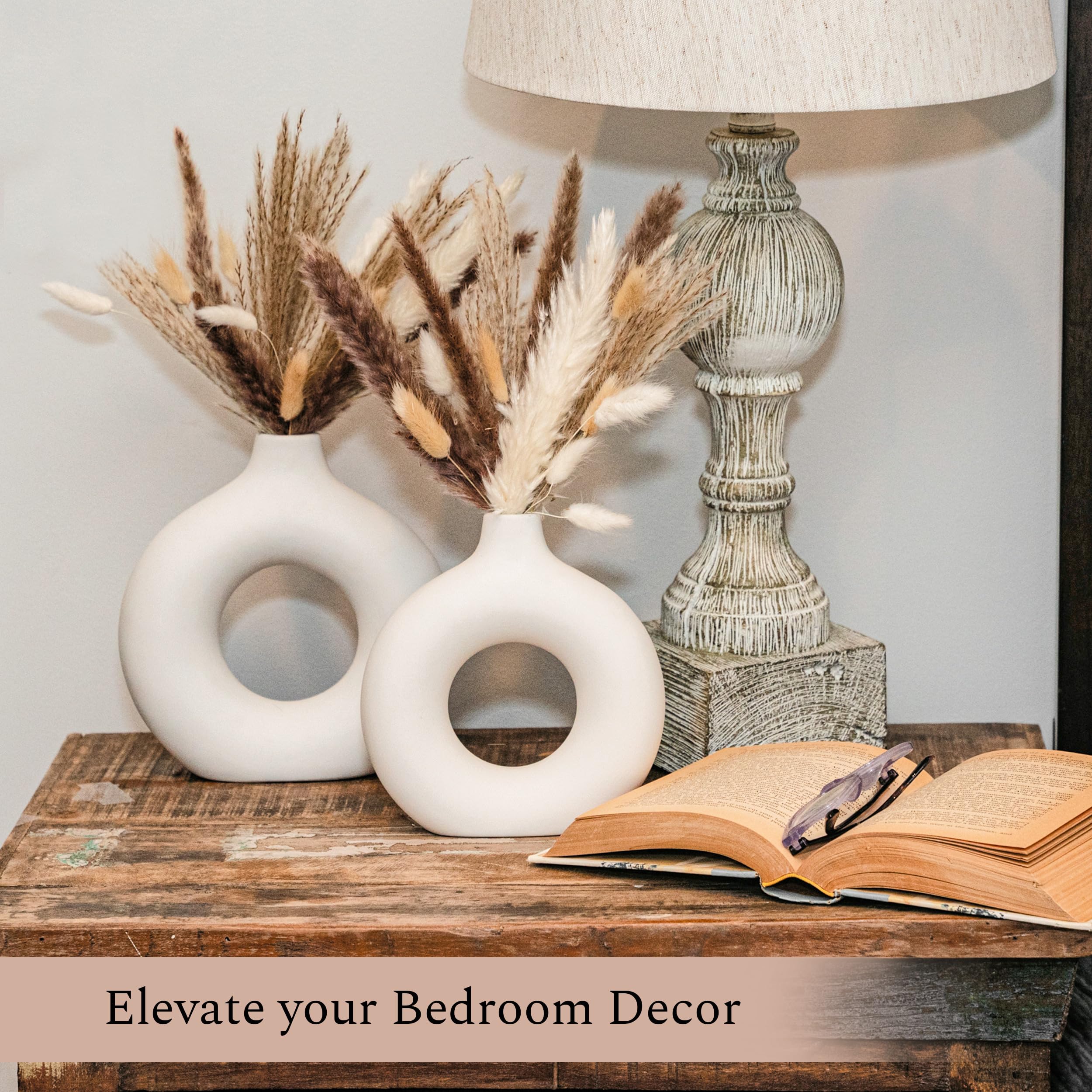 VELOVA Set of 3 White Ceramic Vase with 65 PCS Dried Pampas Grass Flowers Aesthetic Boho Modern Small Round Cute Vases for Decor Living Room Coffee Table Shelf Bedroom Office Desk Home Gifts Women Mom - Image 5