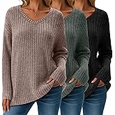 Velvelhall 3 Pack Women's Casual Lightweight Sweaters Long Sleeve Knitted Tops V Neck Ribbed Tops Loose Pullover Tees