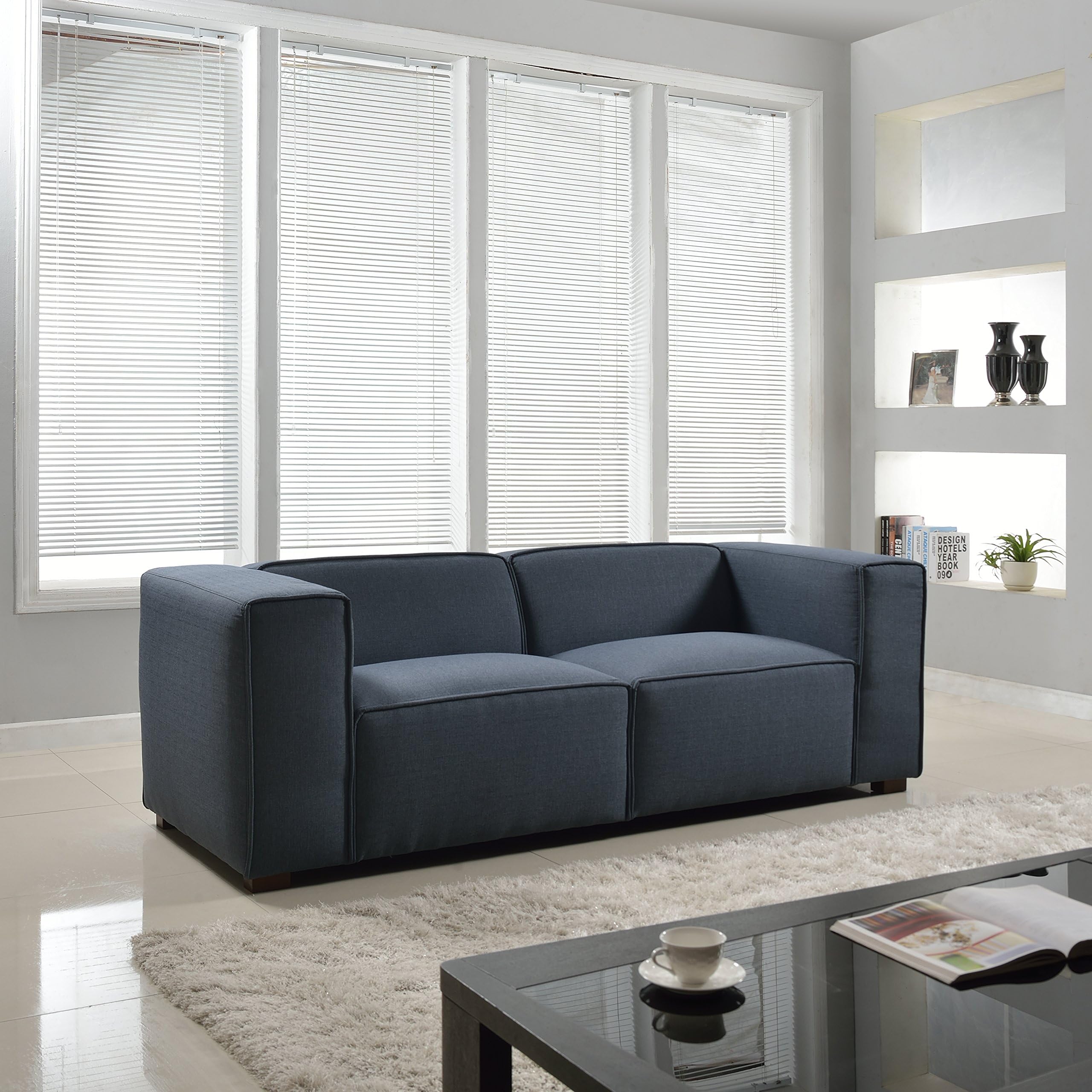 Moderne Living 89 Inch Linen Fabric Block Shaped Contemporary designed Sofa - Dark Blue