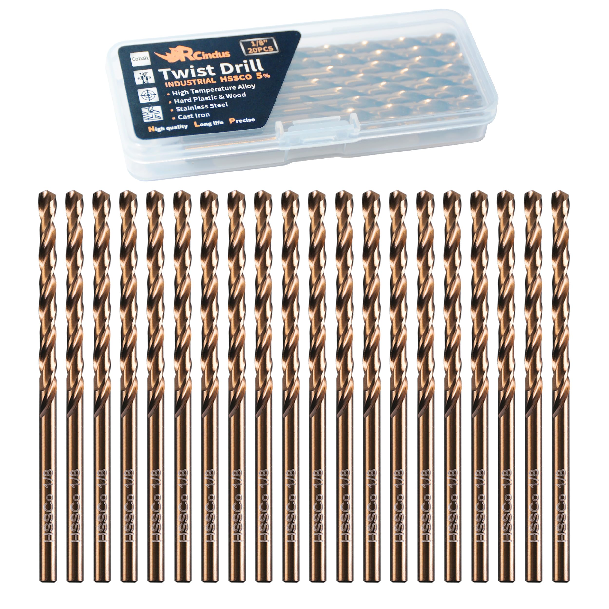 Photo 1 of RCINDUS (20PCS) 1/8" Cobalt Drill Bit, HSS M35 Metal Drill Bits for Steel, Stainless Steel, Cast Iron, Hard Plastic and Wood
