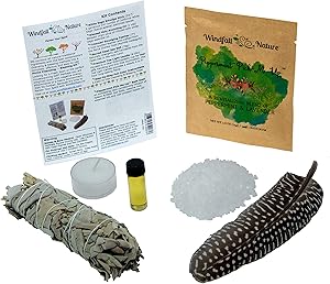 Home Cleansing & Blessing Kit -:- Includes Fresh California White Sage Smudge Stick + Smudging Feather + Blessed Anointing Oil + Tea Light Candle + Coarse Grain Sea Salt