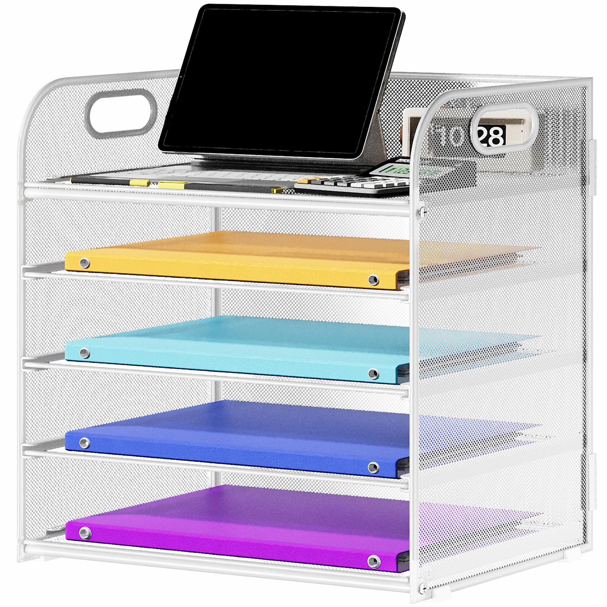 Photo 1 of Cawukege 5 Tier Paper Organizer with Handle, Metal Mesh Desk Organizer File Folder Paper Letter Tray Desktop Document Sorter for Classroom, School, Office Accessories Organization and Storage - White