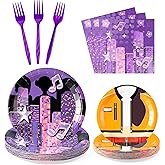 Feuid Gniea Singer Birthday Party Tableware Set 96Pcs Spring Cartoon Korean Pop Singer Birthday Party Plates Forks Napkins Decorations for 24 Guests Musical Theme Disposable Dessert Dinnerware Set