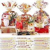 Cholemy 30 Pcs Large Christmas Cellophane Gifts Basket Bags 19.7" x 27.6" Jumbo Clear Red Gold Plastic Goodies Bags Merry Christmas Gifts Wrap with Twist Ties for Xmas Winter Holiday Party Favors