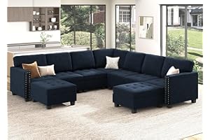 HONBAY Velvet Convertible Sectional Sofa with Storage Ottoman Oversized U Shaped Couch with Reversible Chaise Corner Sectional Sofa, Dark Blue