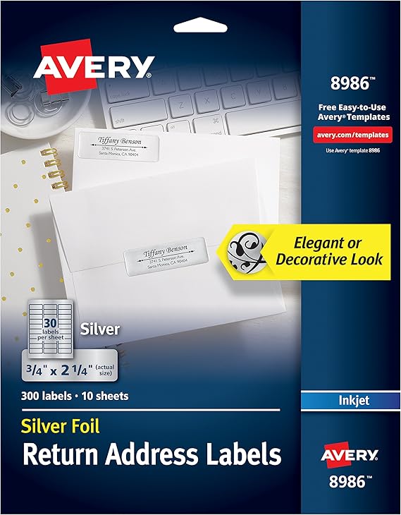 Avery Silver Address Labels for Inkjet Printers, 3/4" x 21/4", 300